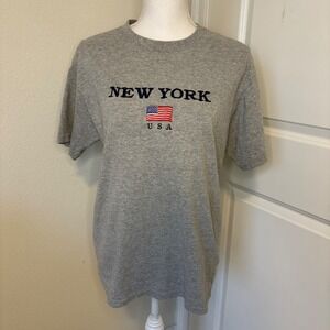 New York USA American Flag Embroidered T-Shirt Heather Gray Souvenir Tee Mens M